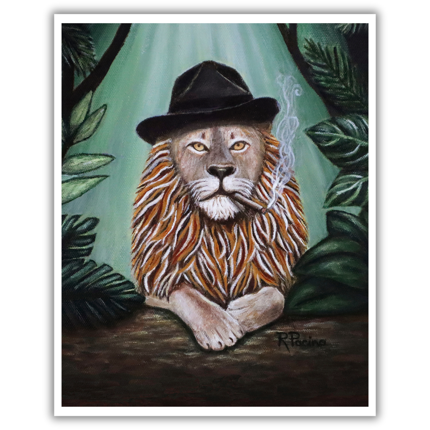 Smalls Leone museum print by Roberta Pacino, jungle noir lion in fedora and tie with cigar, Premium Archival Smooth Matte Fine Art Paper