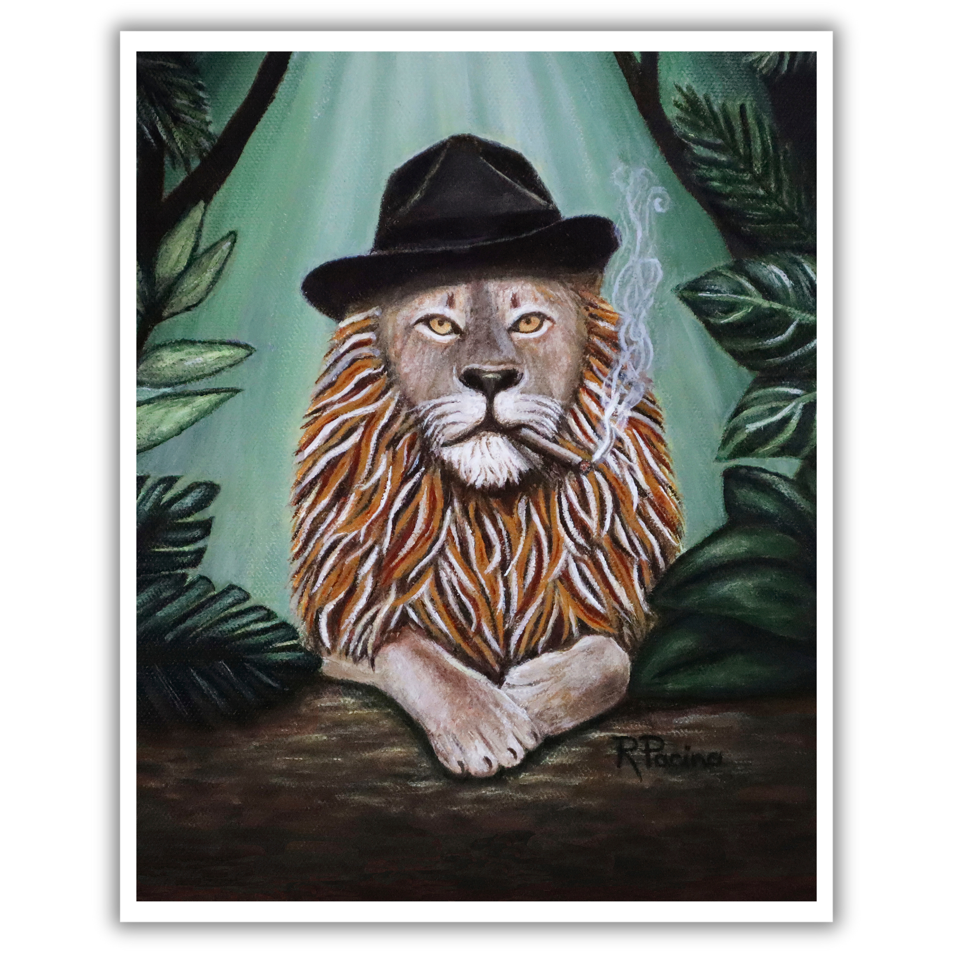 Smalls Leone museum print by Roberta Pacino, jungle noir lion in fedora and tie with cigar, Premium Archival Smooth Matte Fine Art Paper