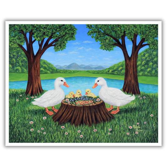Sunlit Supper by Roberta Pacino, a whimsical museum print of two white ducks and three ducklings sharing a summer meal on a tree stump beside a blue lake with trees and mountains
