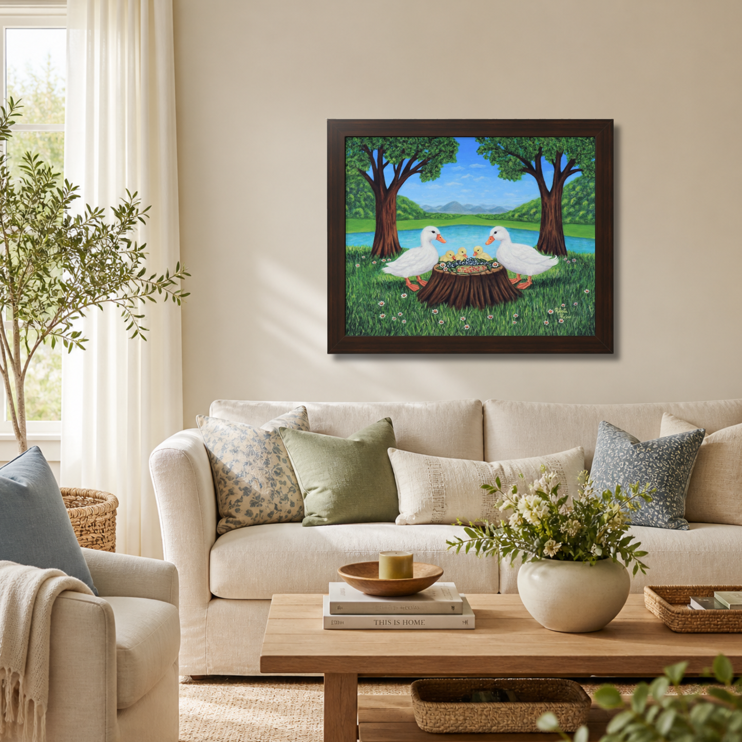 Sunlit Supper Framed Wall Art – 16x20 Duck Family Print by Roberta Pacino