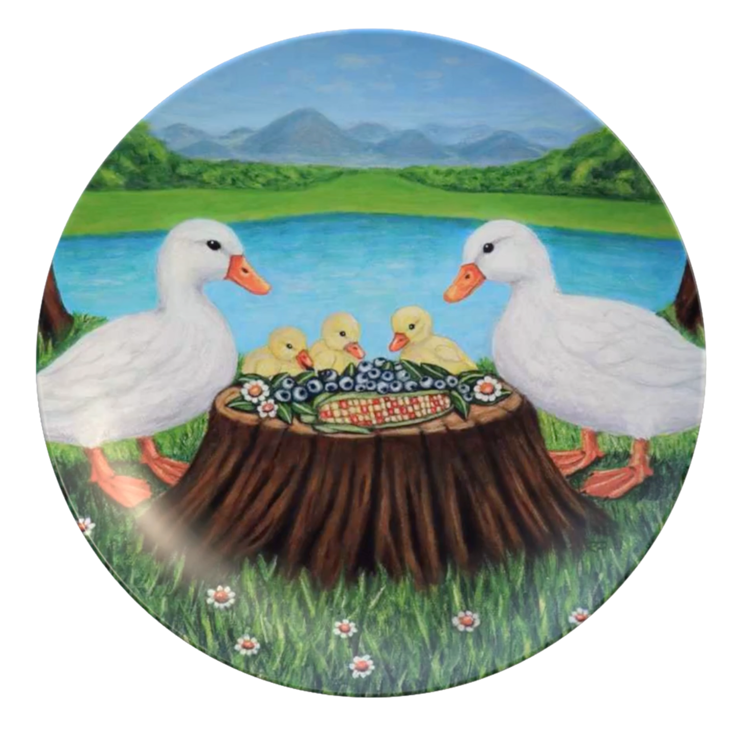 Sunlit Supper dinner plate featuring ducks and ducklings by a lake, artwork by Roberta Pacino