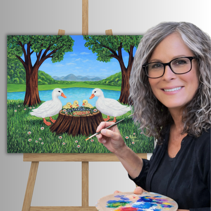 Fine artist Roberta Pacino beside her original Sunlit Supper acrylic painting