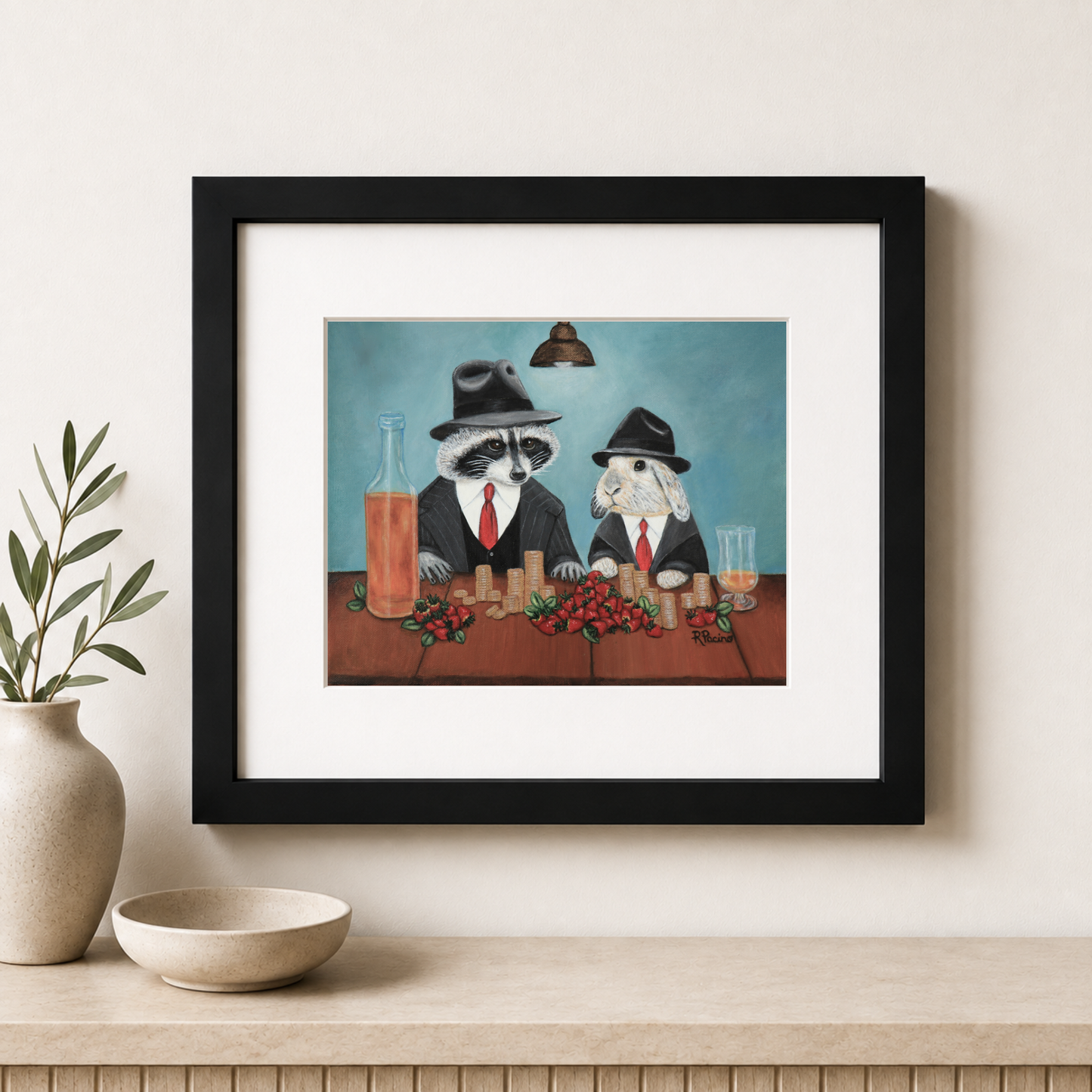 Sweet Deal  noir animal framed print by Roberta Pacino displayed in a room