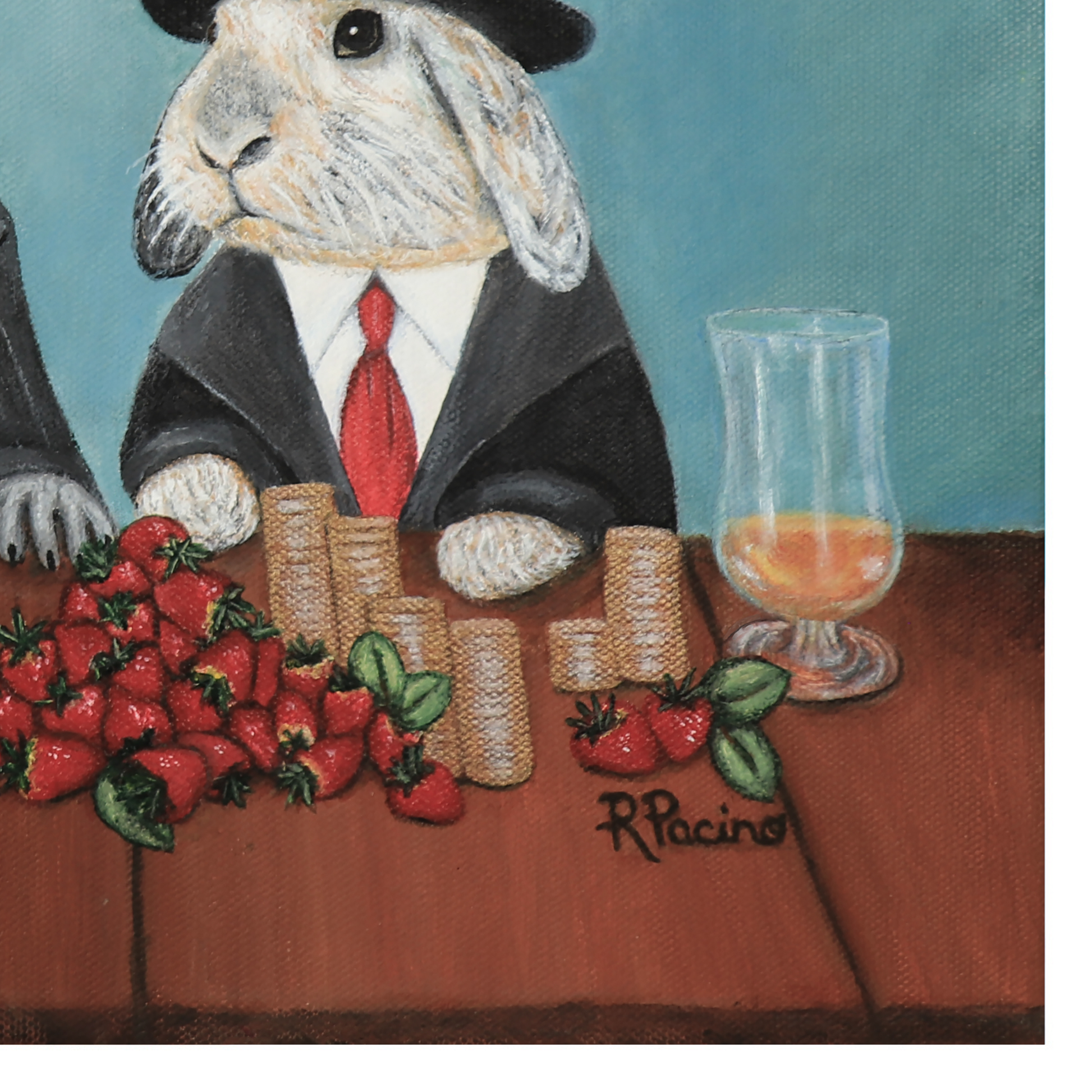 Close up of Sweet Deal print from painting of a rabbit in a suit with a glass, stacks of coins and strawberries on a table, signed R. Pacino.