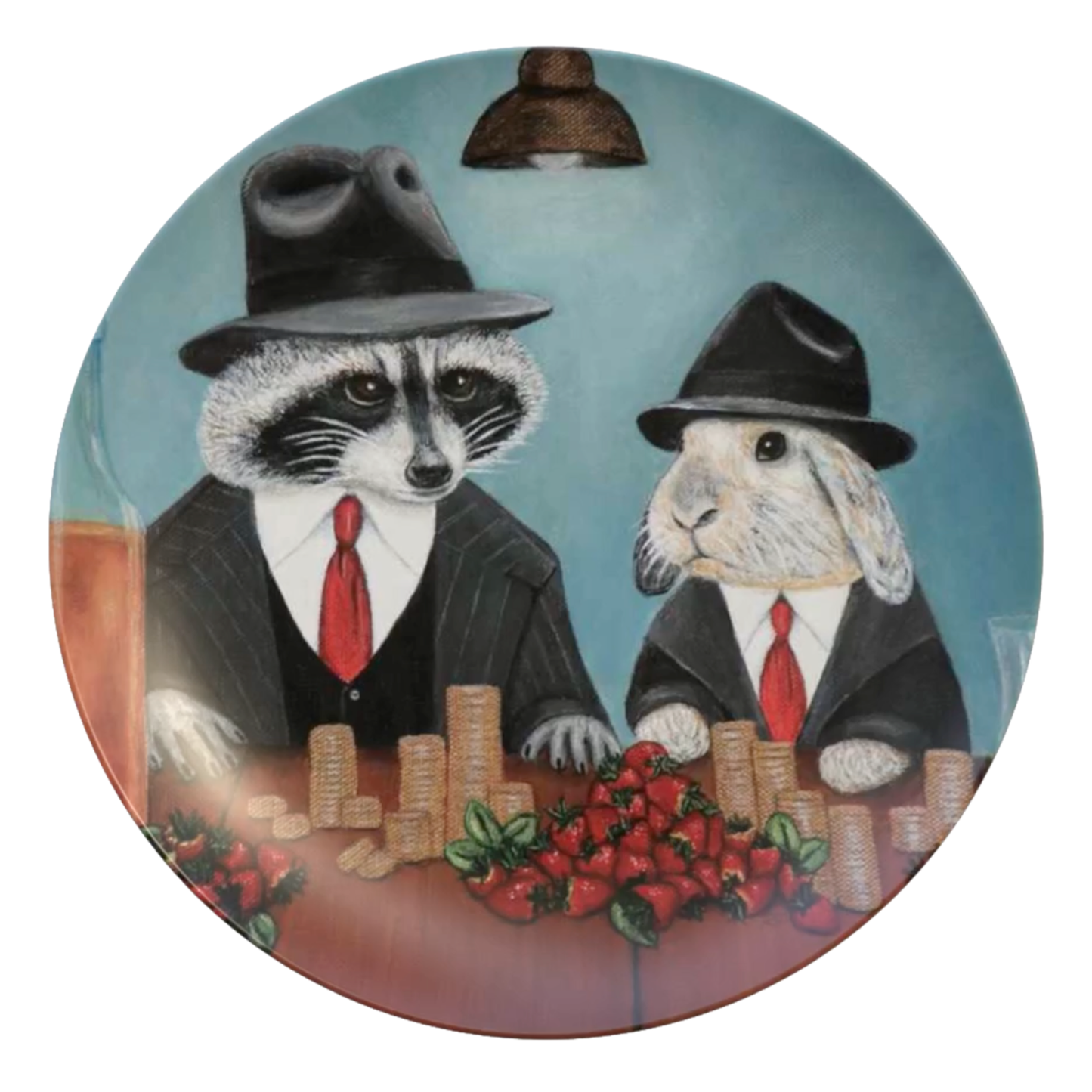 Sweet Deal dinner plate featuring raccoon and rabbit noir artwork by Roberta Pacino