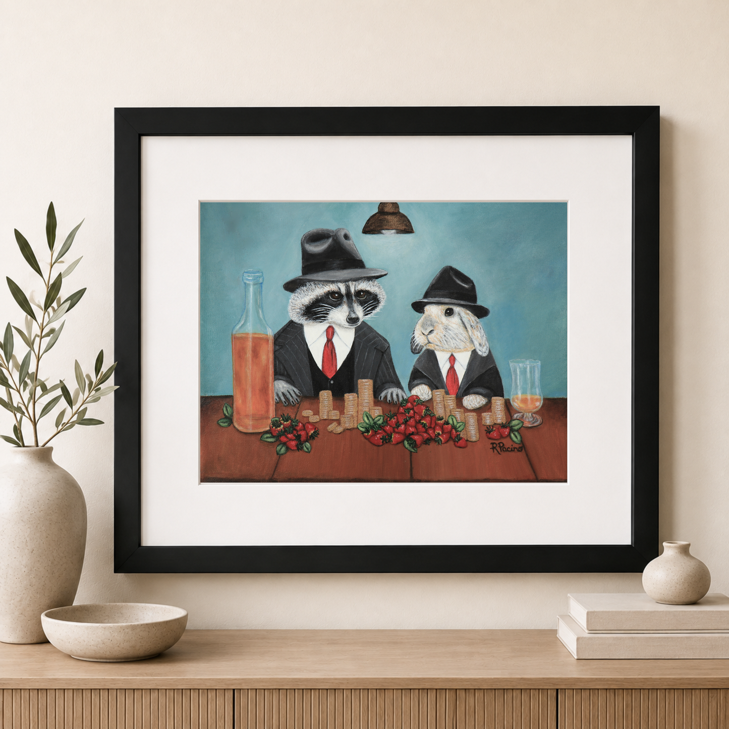 Sweet Deal raccoon and rabbit framed print by Roberta Pacino in black wood frame with white mat