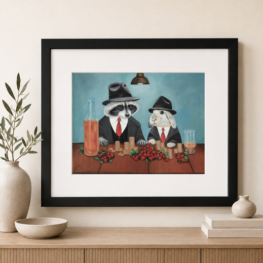 Sweet Deal raccoon and rabbit framed print by Roberta Pacino in black wood frame with white mat