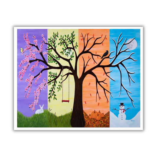 Seasonal tree with changing branches and symbols for each season on a colorful background.