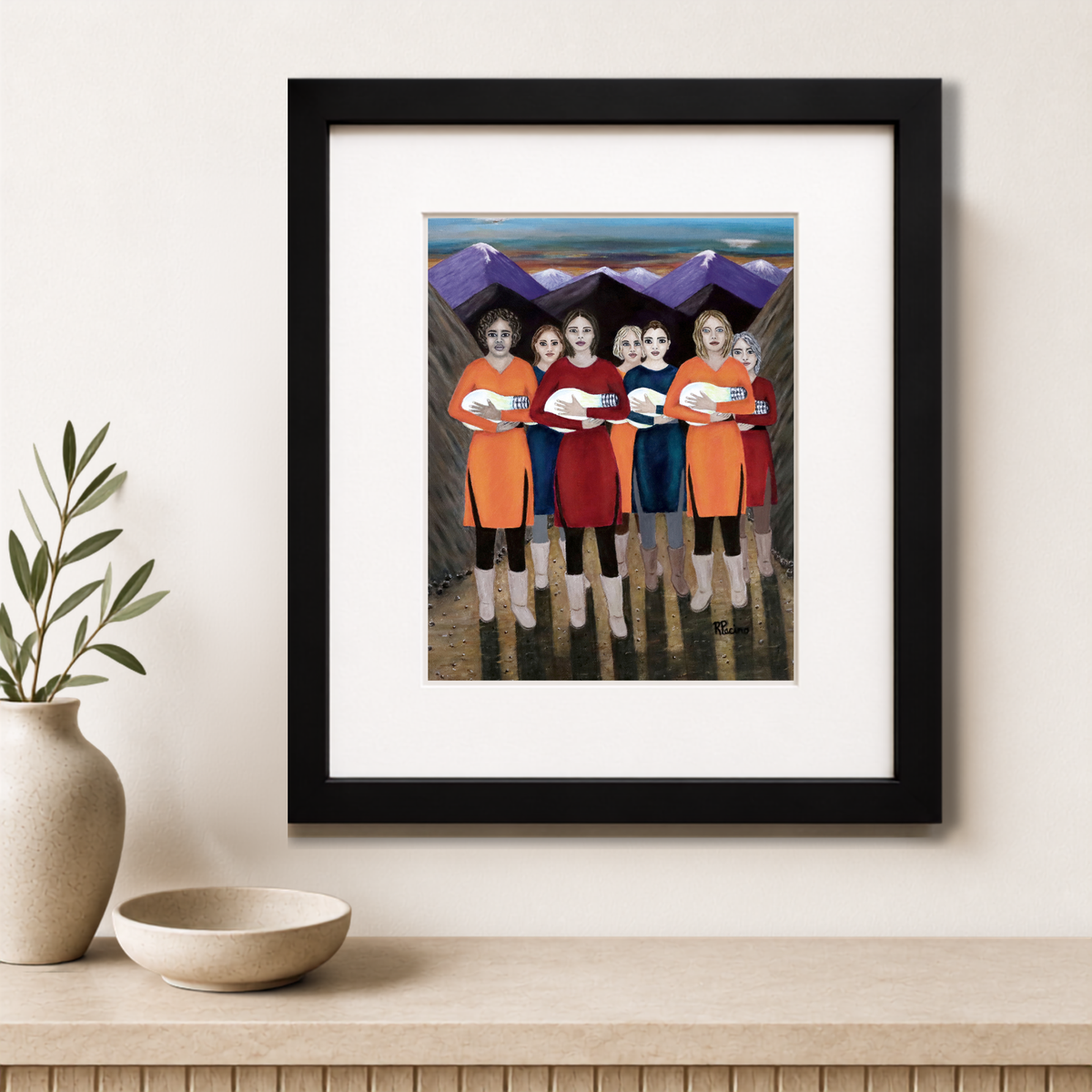 The Dawning framed print by Roberta Pacino featuring seven women carrying glowing light bulbs