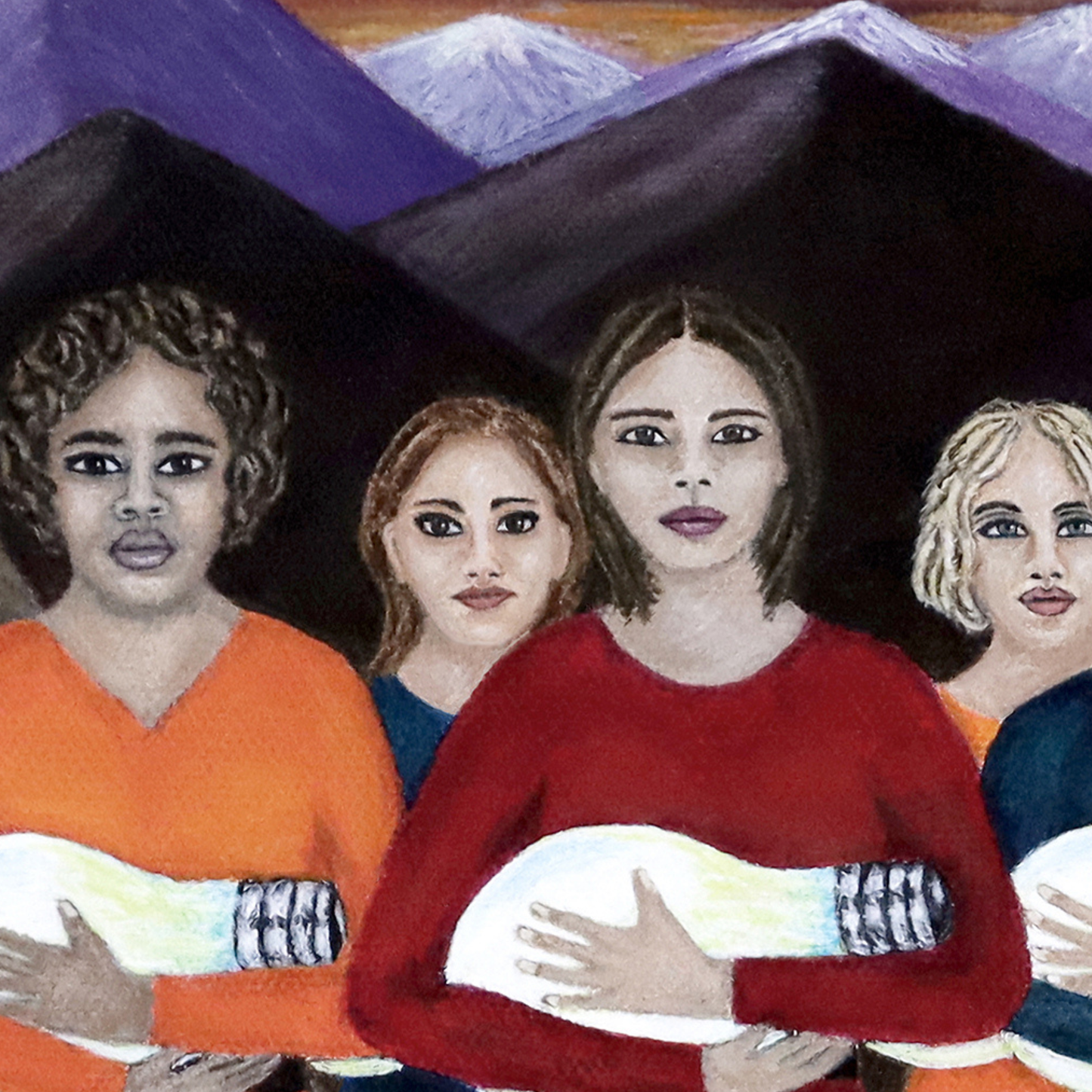 Close up of Women holding lightbulbs against dark mountains and purple peaks in the background. From Roberta Pacino's The Dawning.