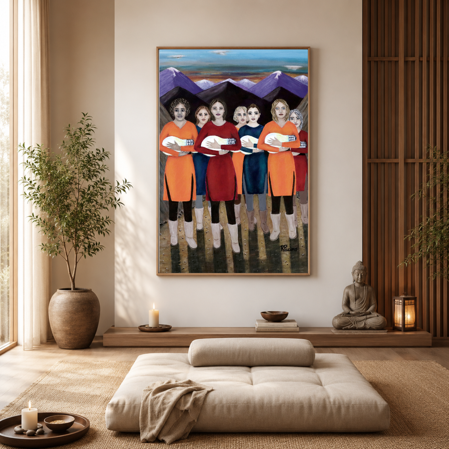The Dawning museum print by Roberta Pacino displayed in a serene meditation space, symbolizing feminine strength, inner light, and spiritual awakening.