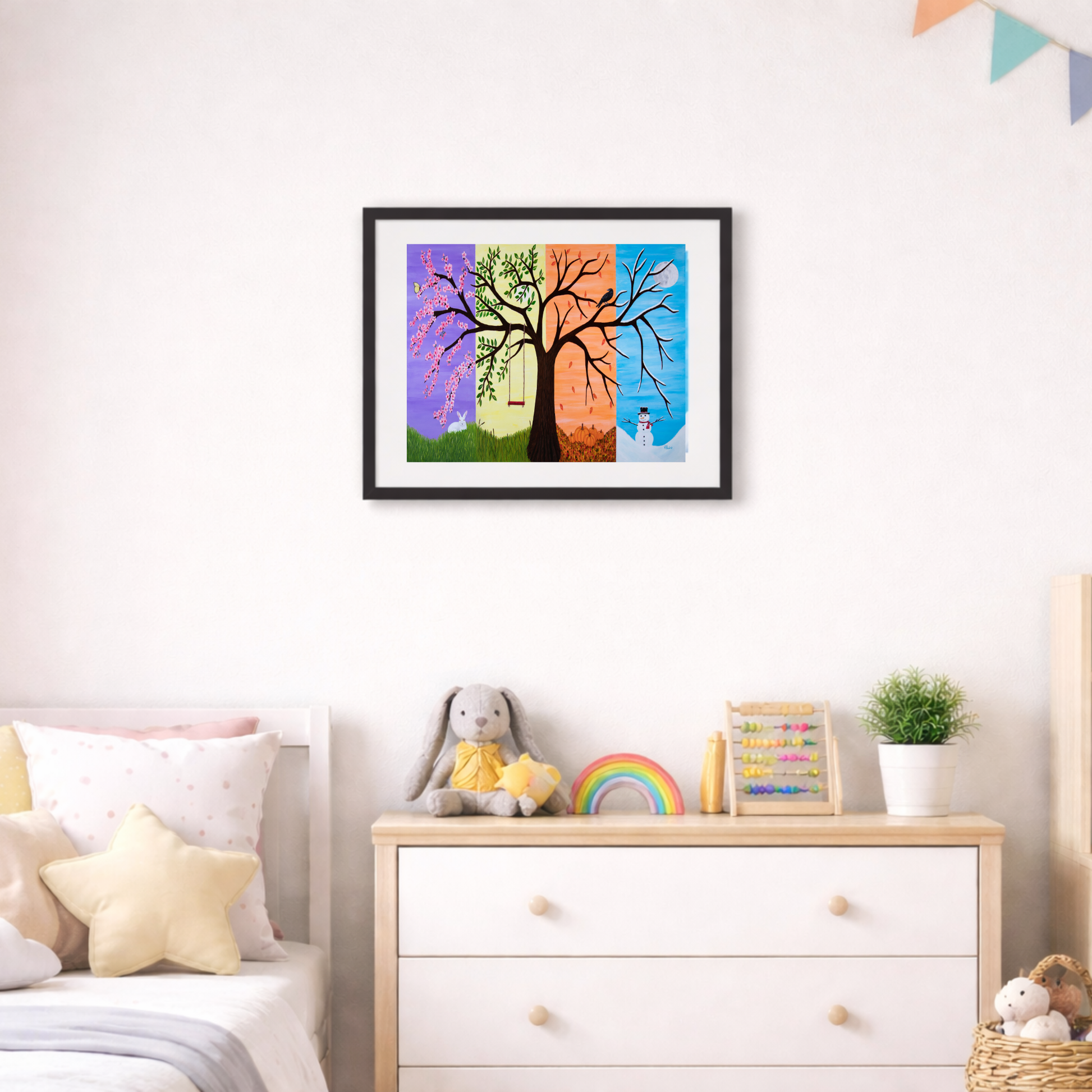 Tree of Life museum print displayed above a white dresser in a bright child’s room