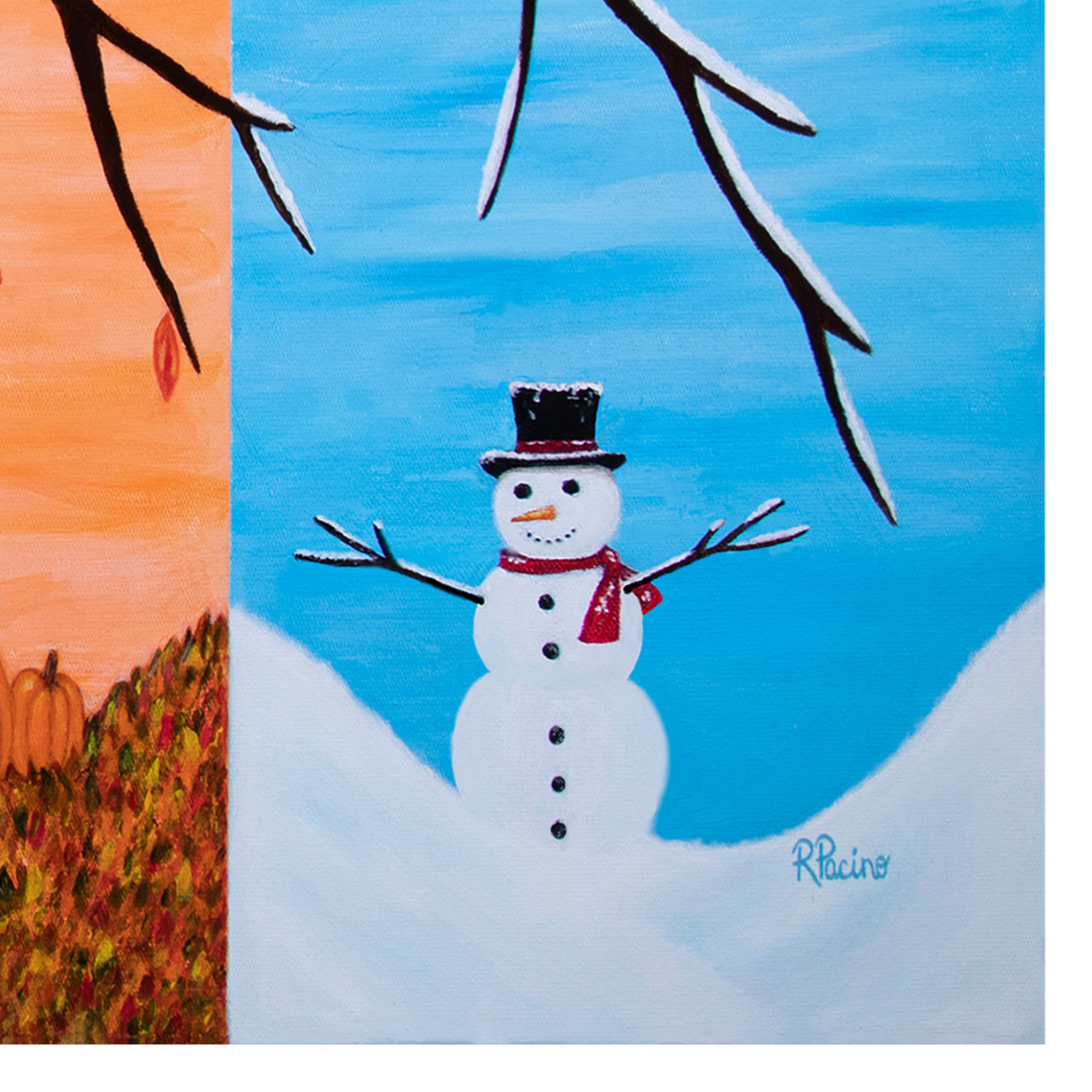 Close-up detail of Tree of Life showing the winter snowman, moon, autumn leaves, and painted seasonal landscape