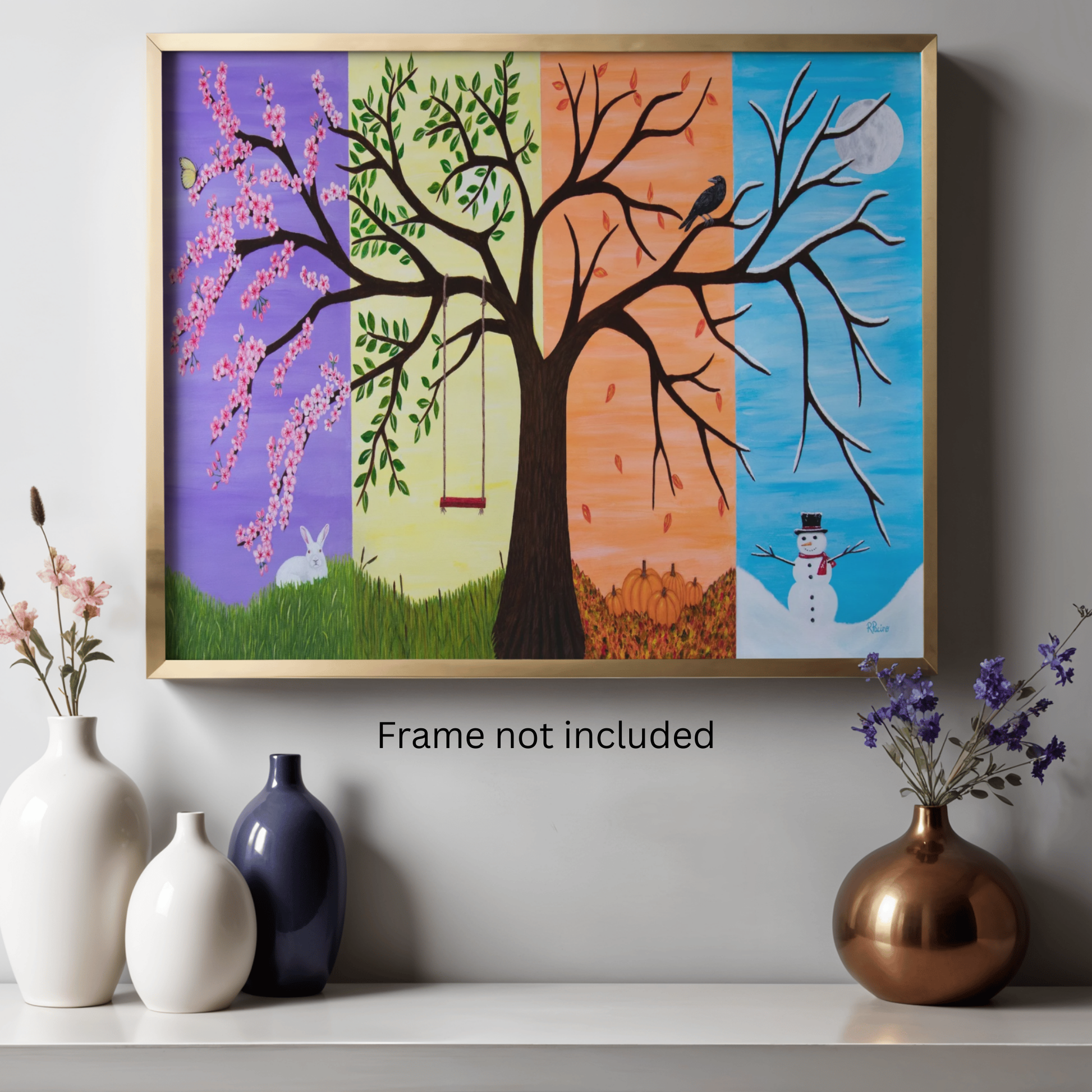 Tree of Life museum print displayed in a gold frame on a neutral wall above decorative vases