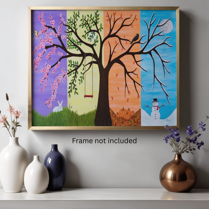 Tree of Life museum print displayed in a gold frame on a neutral wall above decorative vases