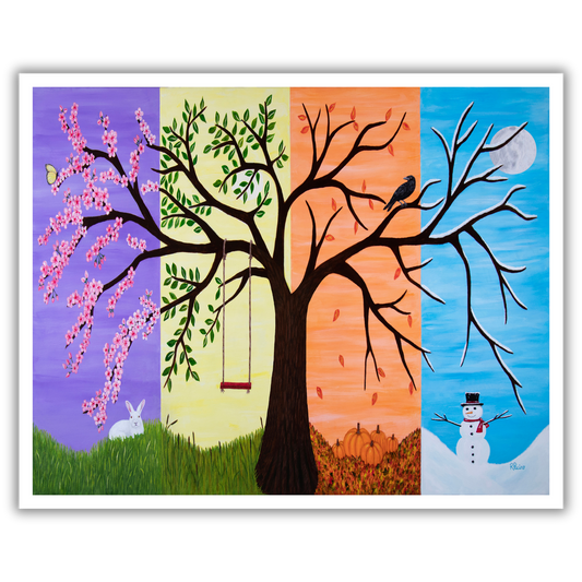 Tree of Life museum print by Roberta Pacino showing spring, summer, autumn, and winter surrounding a symbolic tree
