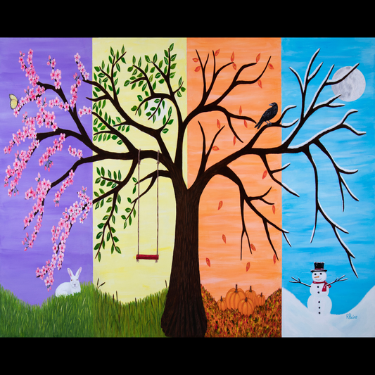 Four-season tree with cherry blossom, green leaves, autumn leaves, and snowman art by Roberta Pacino