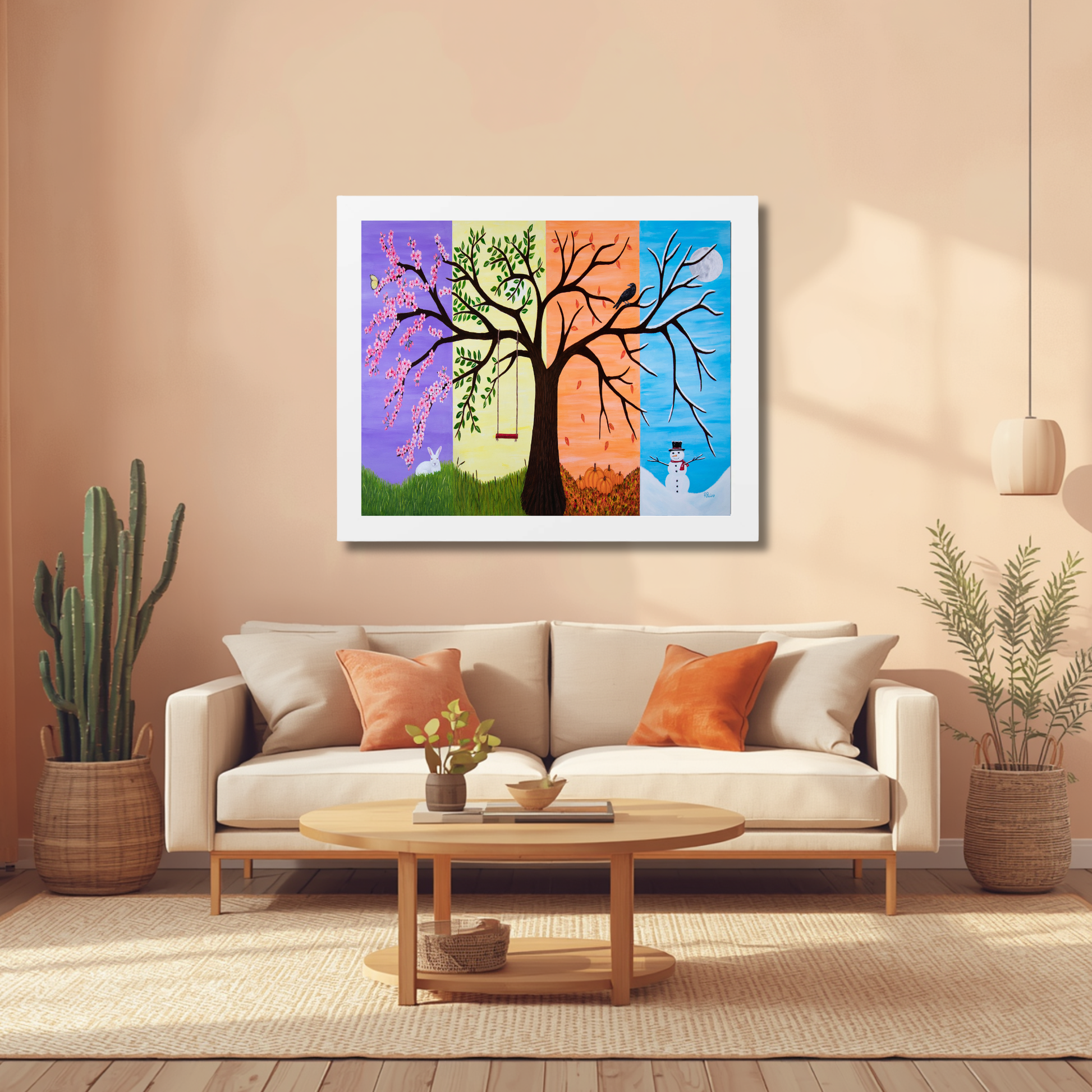 Tree of Life museum print displayed above a neutral sofa in a warm contemporary living room