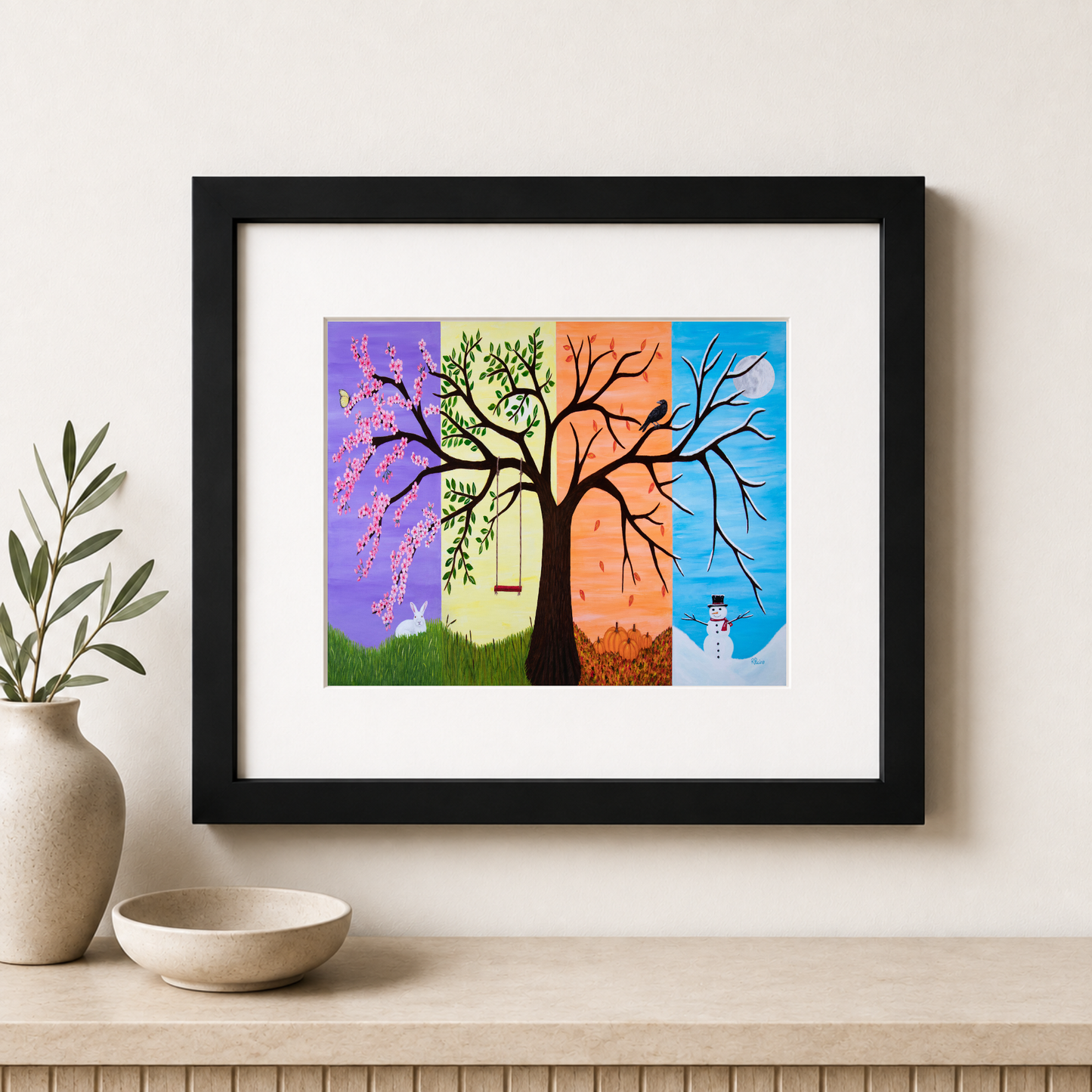 Tree of Life four seasons framed print by Roberta Pacino in black wood frame with white mat