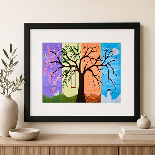Tree of Life large four seasons framed print by Roberta Pacino displayed in a room