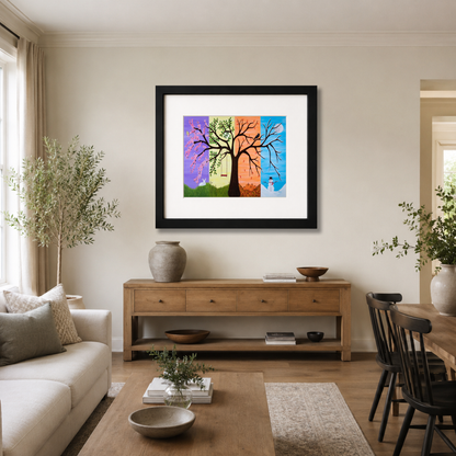 A framed  Tree of Life art print by Roberta Pacino, depicting a stylized tree with colorful seasonal sections (purple, green, orange, blue) hanging on a beige wall in a modern living room setting.