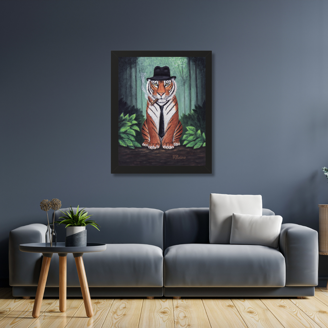 Tiger Wall Art Framed Print, Jungle Noir Animal in Fedora, Vito Stripes by Roberta Pacino
