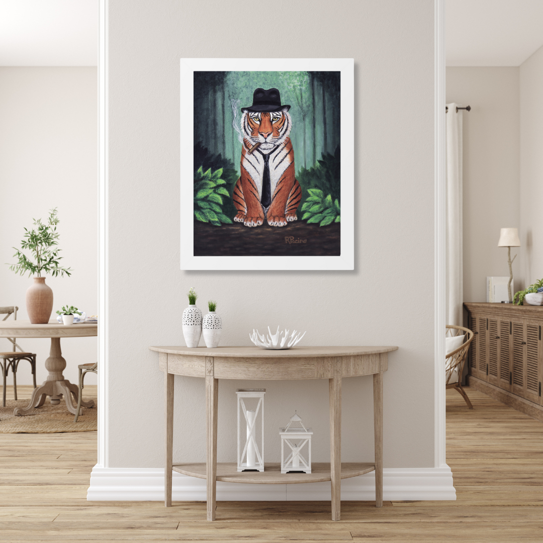 Tiger Wall Art Framed Print, Jungle Noir Animal in Fedora, Vito Stripes by Roberta Pacino