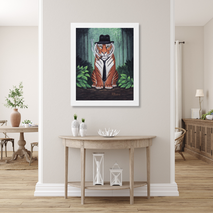 Tiger Wall Art Framed Print, Jungle Noir Animal in Fedora, Vito Stripes by Roberta Pacino
