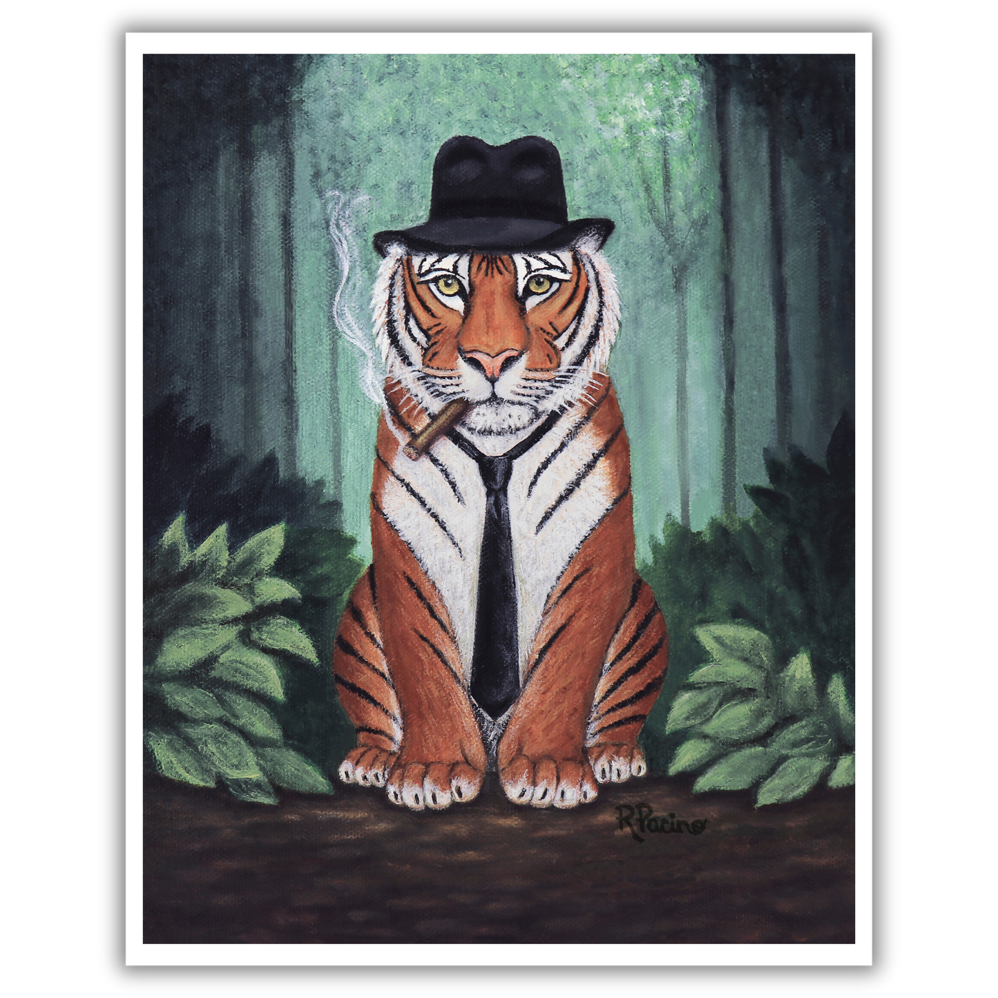 Vito Stripes museum print by Roberta Pacino, jungle noir tiger in fedora and suit with cigar, Premium Archival Smooth Matte Fine Art Paper