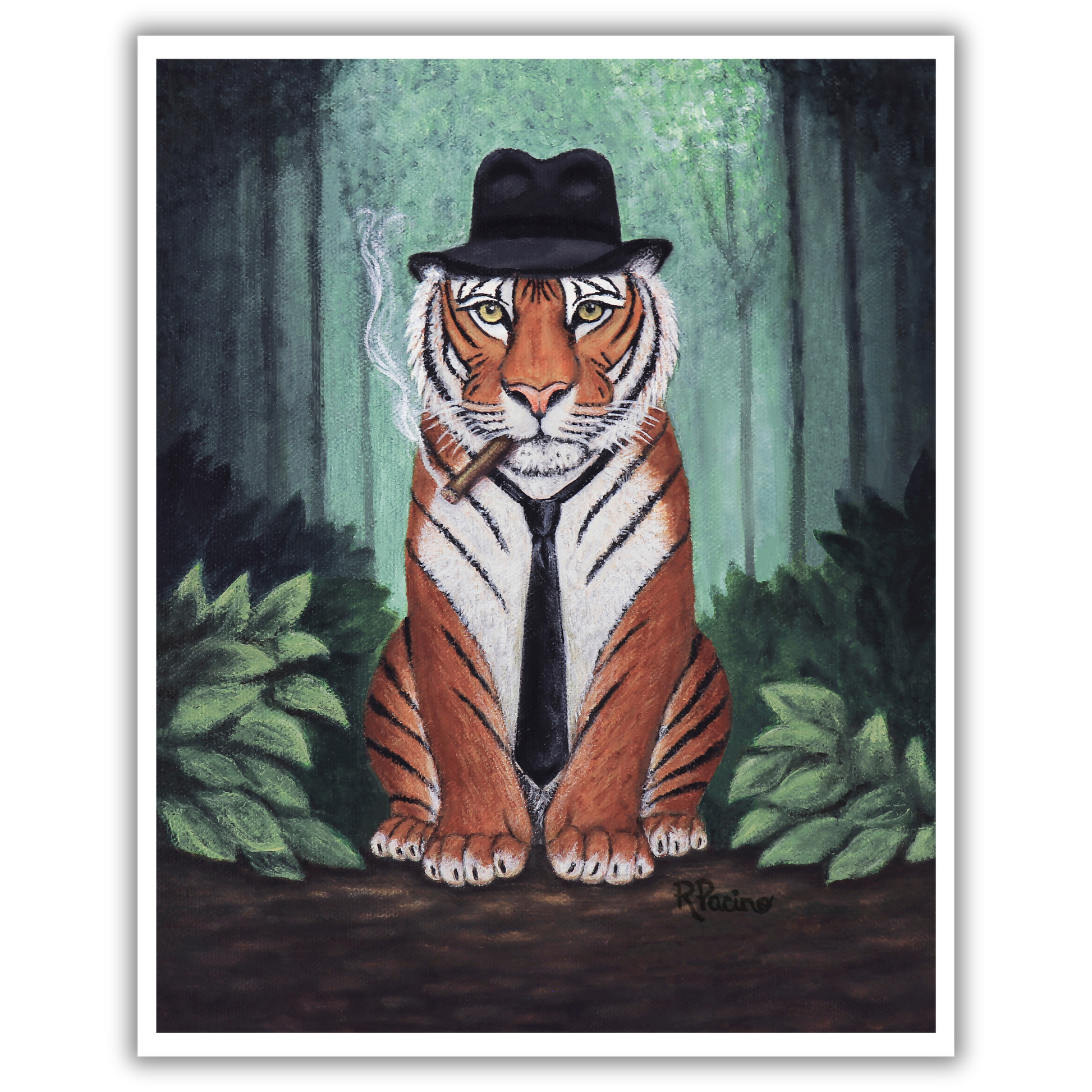 Vito Stripes museum print by Roberta Pacino, jungle noir tiger in fedora and suit with cigar, Premium Archival Smooth Matte Fine Art Paper