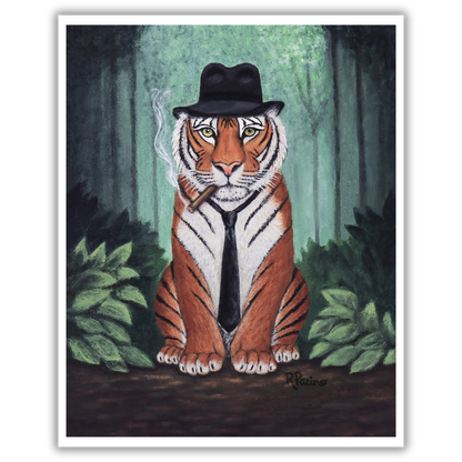 Vito Stripes museum print by Roberta Pacino, jungle noir tiger in fedora and suit with cigar, Premium Archival Smooth Matte Fine Art Paper