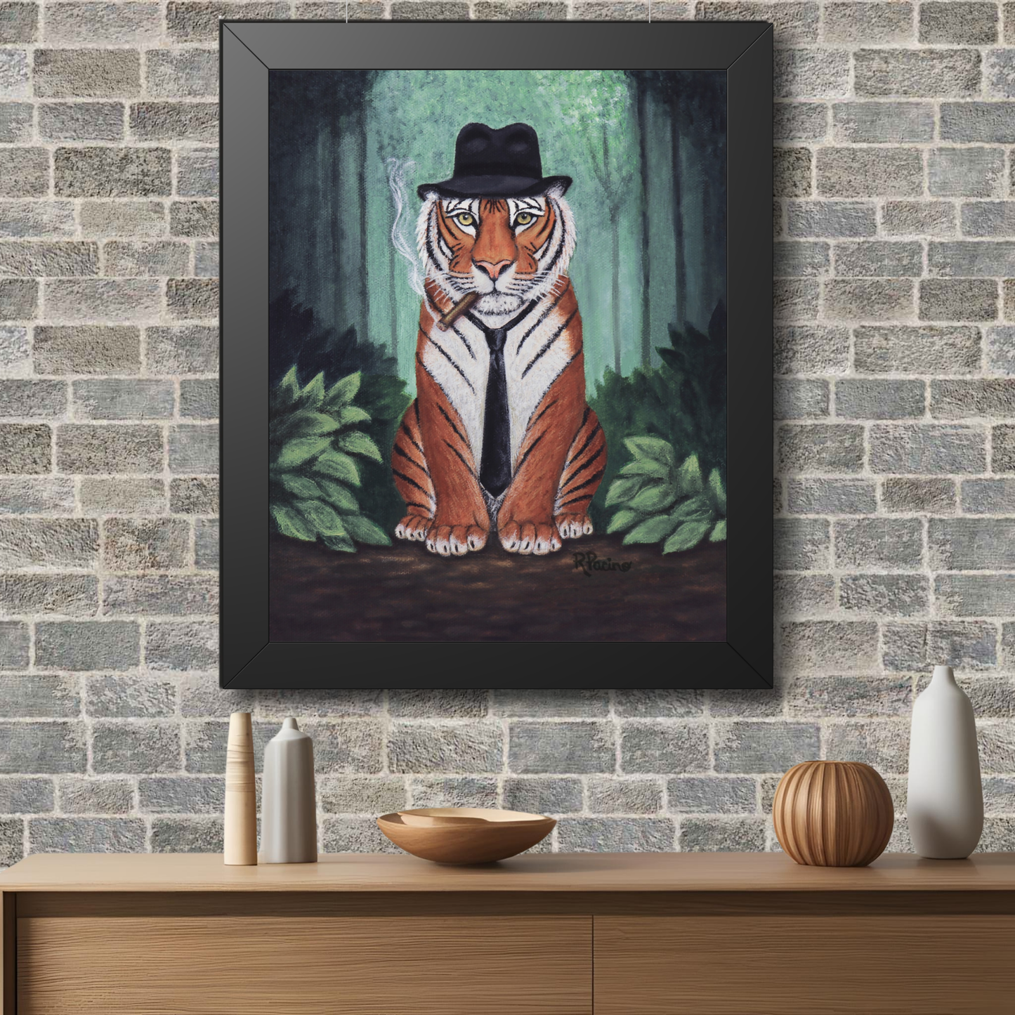 Tiger Wall Art Framed Print, Jungle Noir Animal in Fedora, Vito Stripes by Roberta Pacino