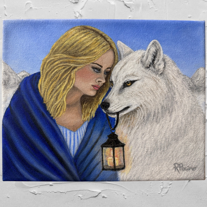 Wolf’s Guiding Light original acrylic painting of a woman with a white wolf carrying a glowing lantern by Roberta Pacino