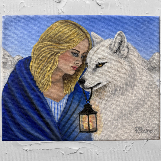Wolf’s Guiding Light original acrylic painting of a woman with a white wolf carrying a glowing lantern by Roberta Pacino