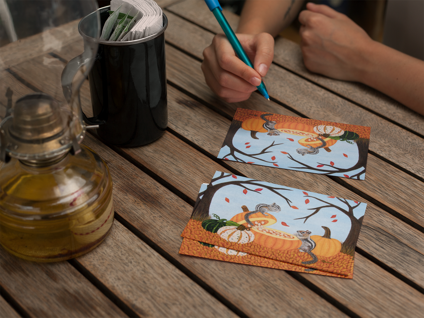 Autumn Greeting Cards – 7x5 One-Side Coated, Set of 1 or 10, Pumpkin Patch Pals by Roberta Pacino, Original Art