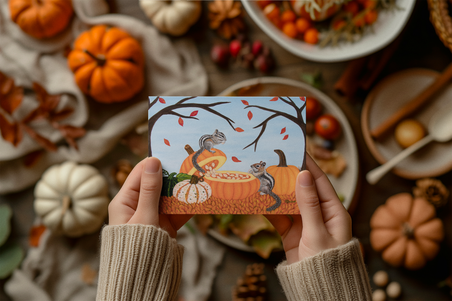 Autumn Greeting Cards – 7x5 One-Side Coated, Set of 1 or 10, Pumpkin Patch Pals by Roberta Pacino, Original Art