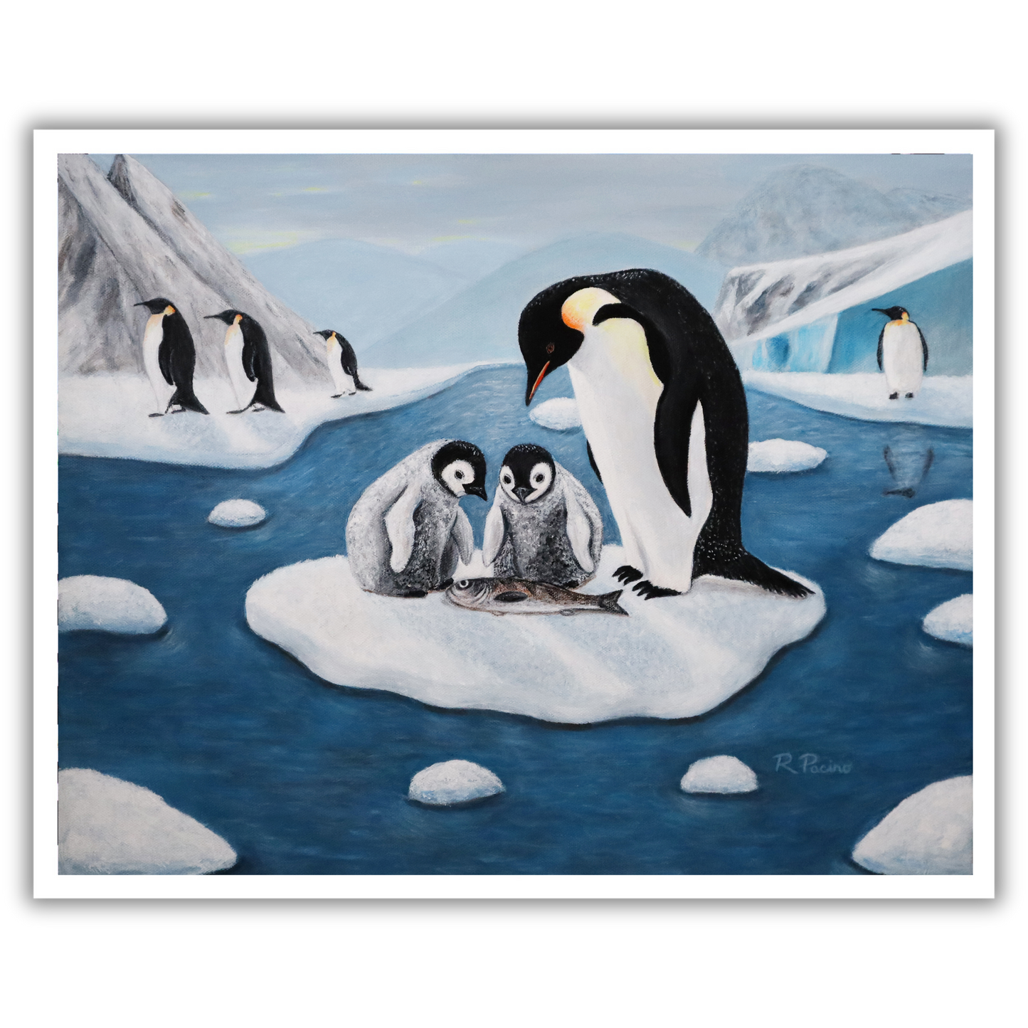 Icy Love by Roberta Pacino, a whimsical winter museum print featuring a penguin parent and two chicks gathered over a fish in an Antarctic setting.