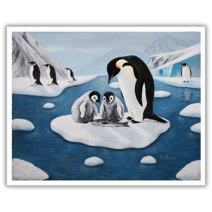Icy Love by Roberta Pacino, a whimsical winter museum print featuring a penguin parent and two chicks gathered over a fish in an Antarctic setting.