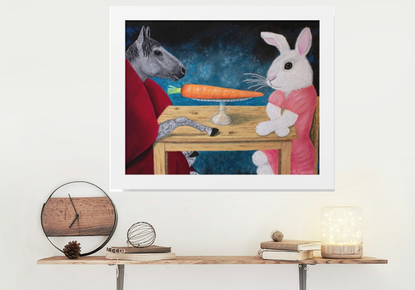 Framed Horse & Rabbit Print – Single Carrot by Roberta Pacino