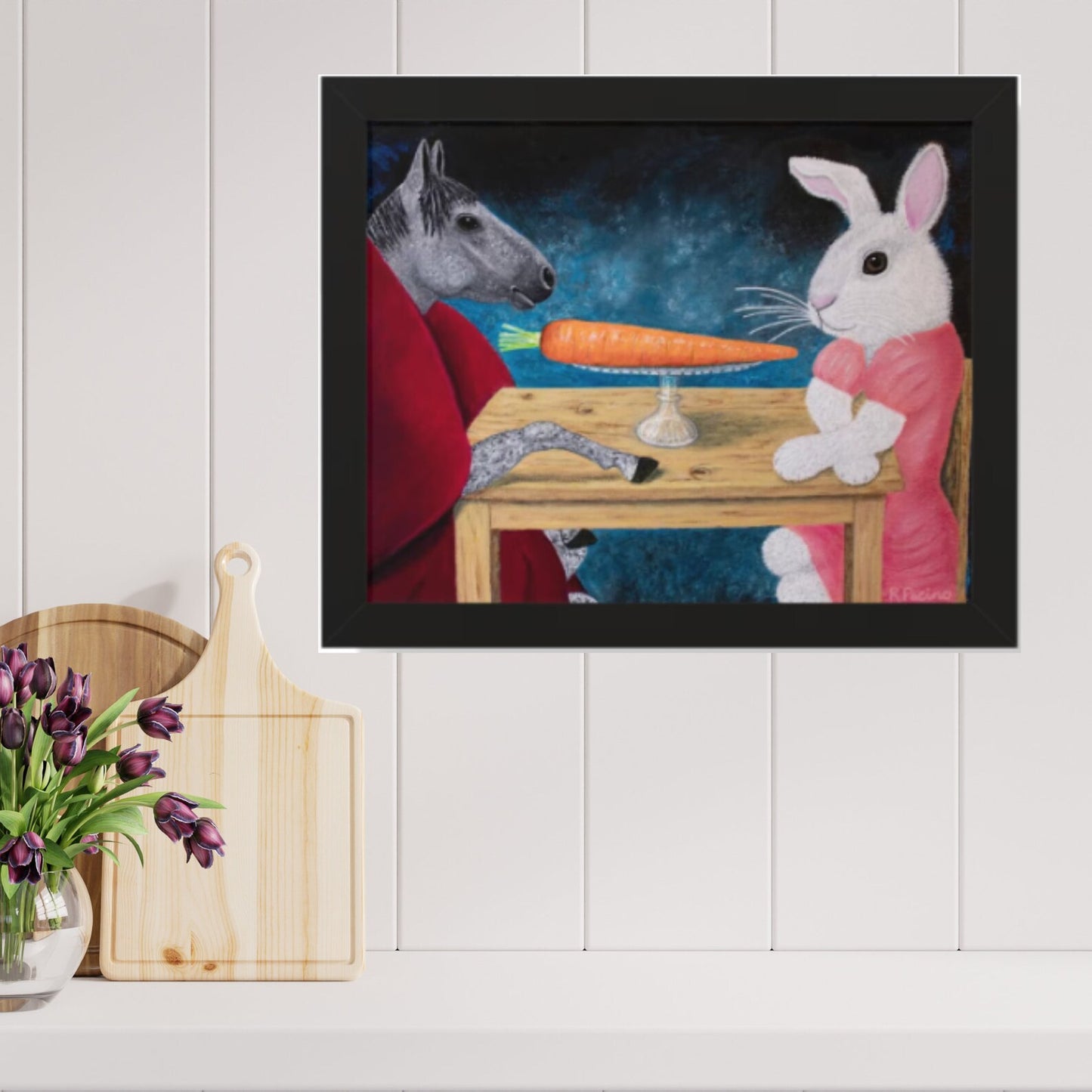 Framed Horse & Rabbit Print – Single Carrot by Roberta Pacino