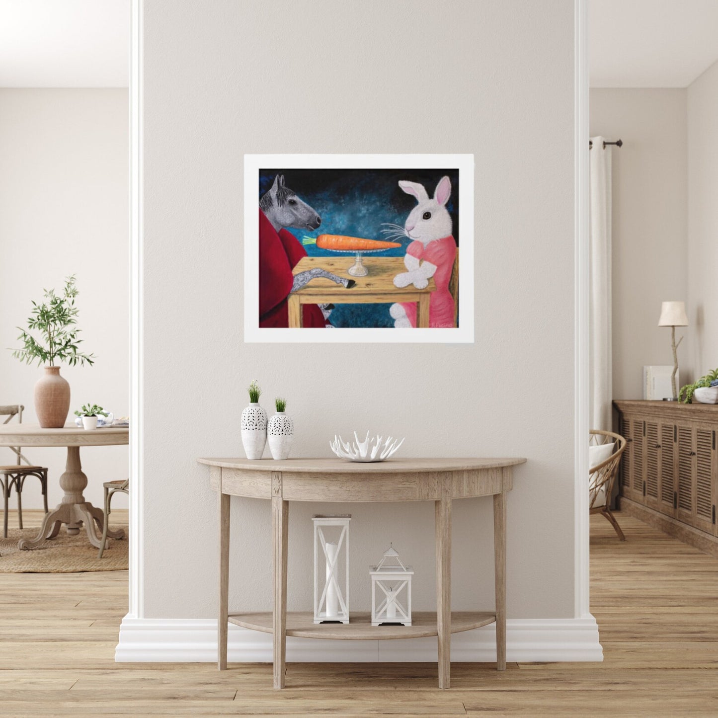 Framed Horse & Rabbit Print – Single Carrot by Roberta Pacino