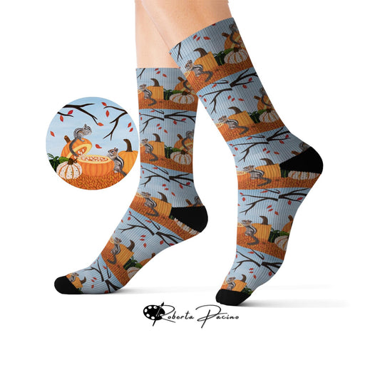 Pumpkin Patch Pals Socks – Cozy Autumn Woodland Art by Roberta Pacino