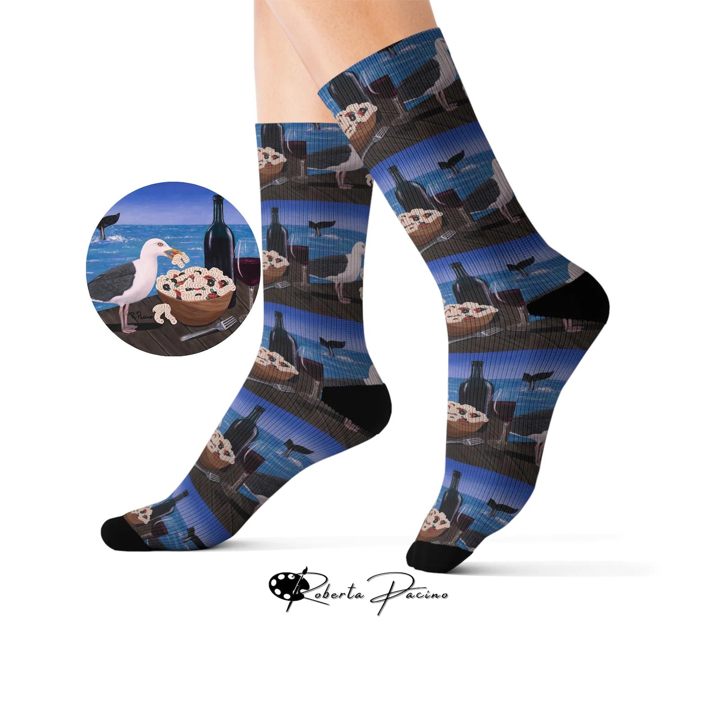 Pasta on the Pier Socks – Whimsical Seagull Art by Roberta Pacino