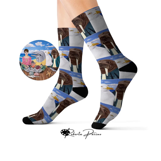 Seagull & Walrus Socks – Marine Animal Art by Roberta Pacino