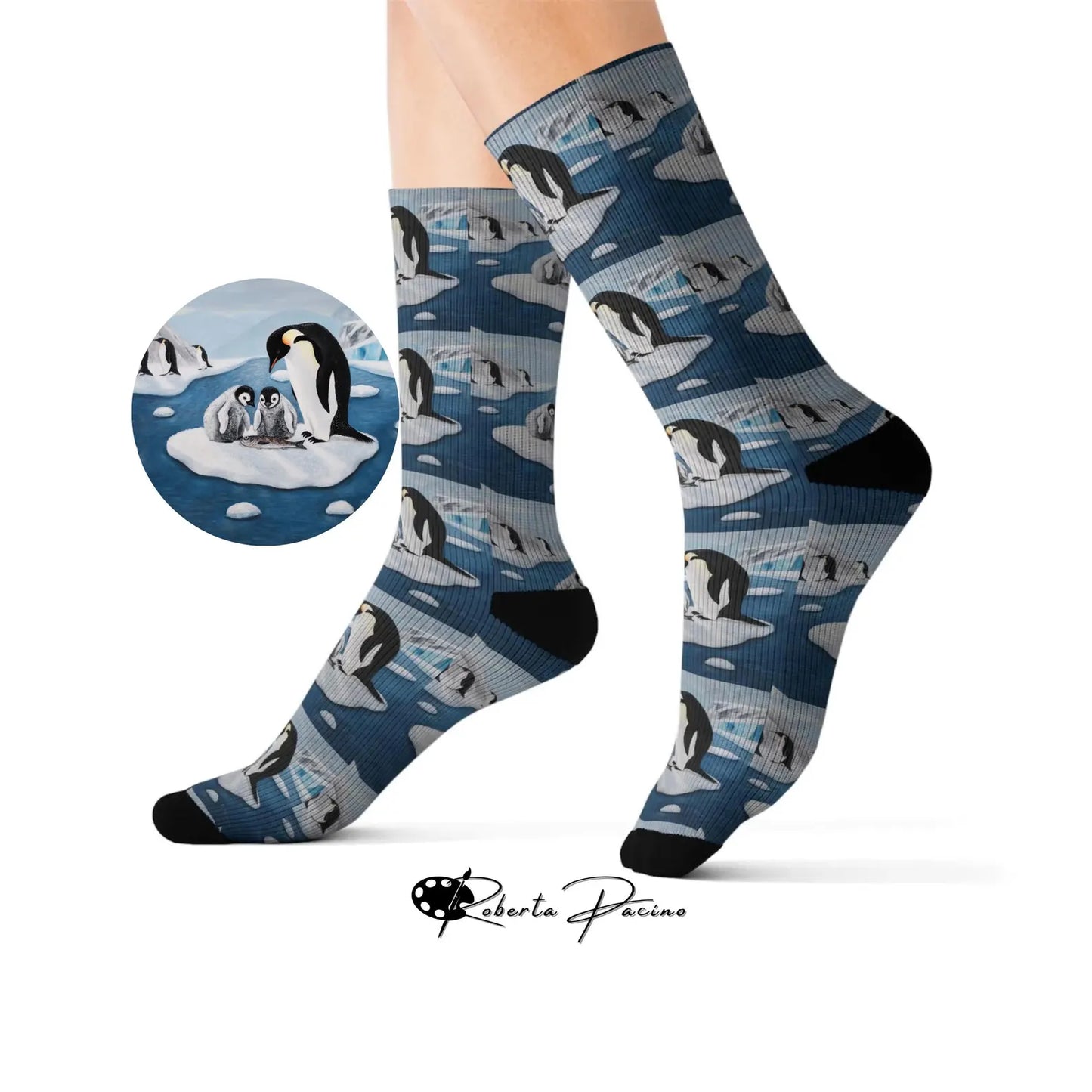 Icy Love Socks – Whimsical Penguin Family Art by Roberta Pacino