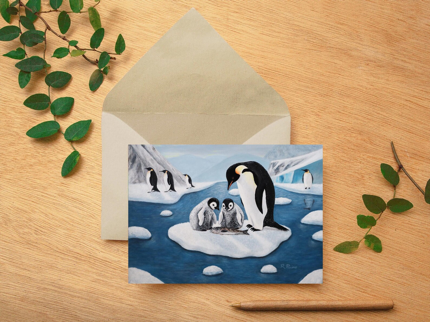 Whimsical Penguin Notecards – Antarctic Family Scene, Icy Love by Roberta Pacino