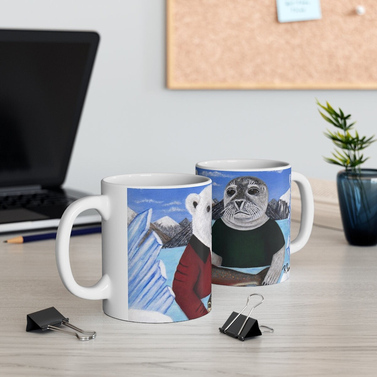 Whimsical Arctic Coffee Mug – 11oz Original Art, Cute Polar Bear & Harp Seal, Arctic Appetite by Roberta Pacino