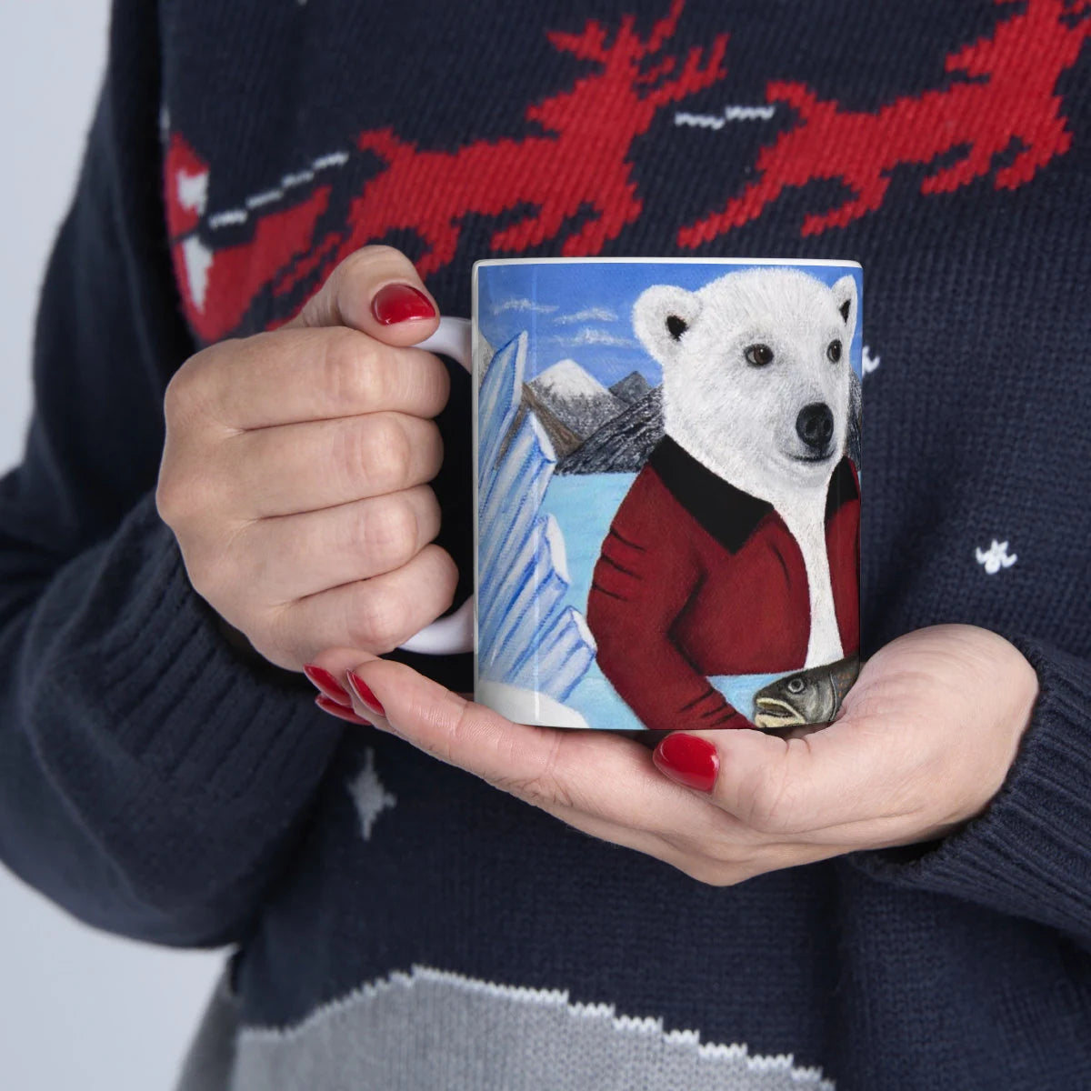 Whimsical Arctic Coffee Mug – 11oz Original Art, Cute Polar Bear & Harp Seal, Arctic Appetite by Roberta Pacino