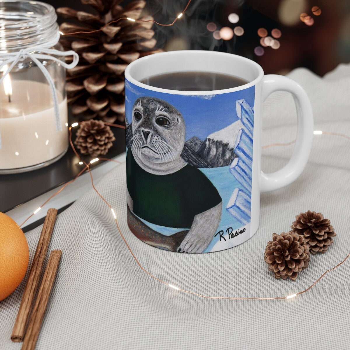 Whimsical Arctic Coffee Mug – 11oz Original Art, Cute Polar Bear & Harp Seal, Arctic Appetite by Roberta Pacino