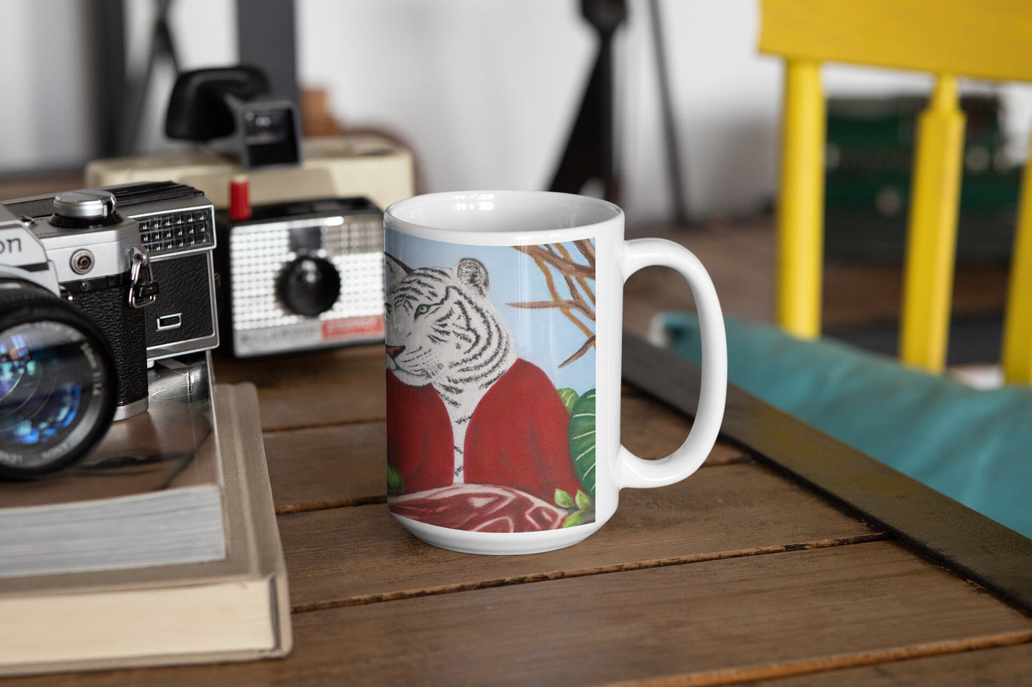 Whimsical Lion & Tiger Coffee Mug – 15oz Original Art, King's Table by Roberta Pacino